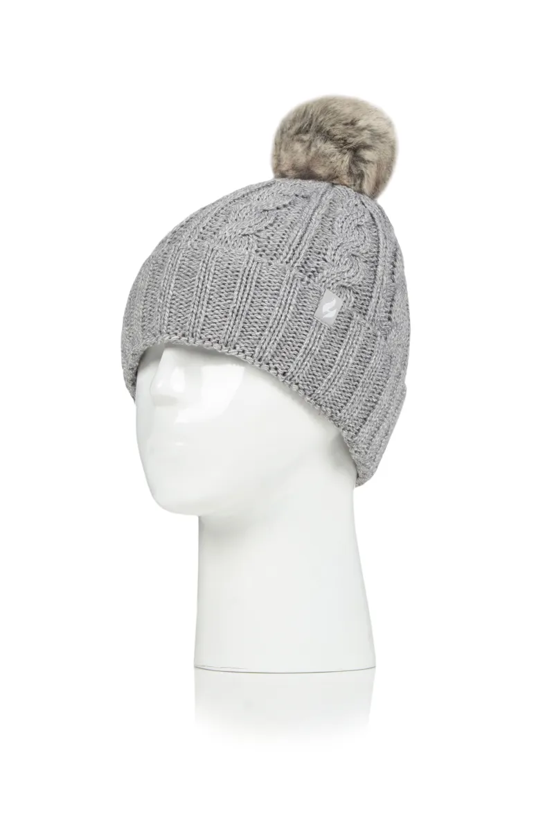 Heat Holders Maine Cable Knit Pom Pom Hat in Grey